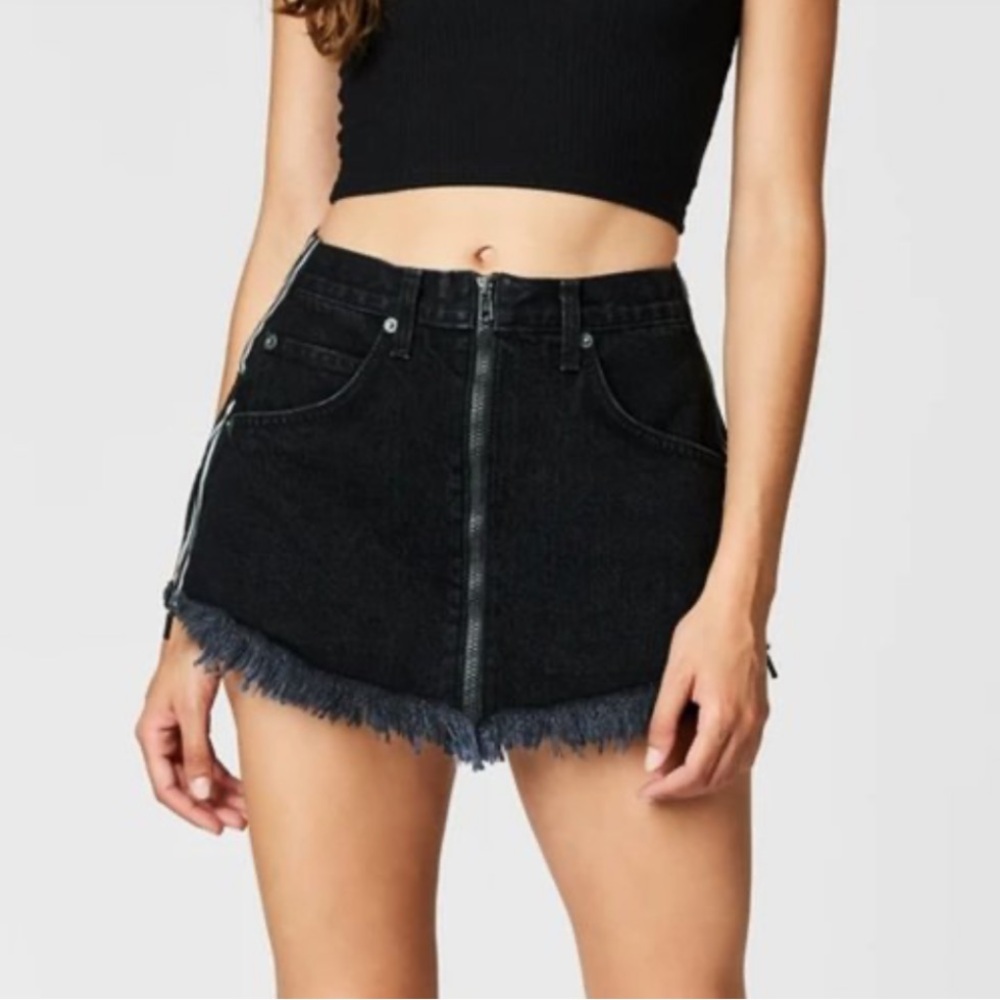 LF Carmar Beatrice Black Denim Skirt Zip Front Reflective Distressed Hem